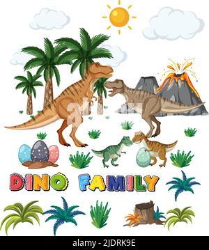 Famiglia di dinosauri con illustrazione di oggetti di foresta Illustrazione Vettoriale