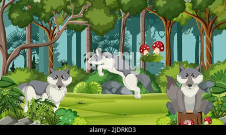 Gruppo di wolfs nell'illustrazione della scena della foresta Illustrazione Vettoriale