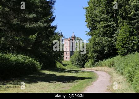 Valle alpina e Torre Gotica, Painshill Park, Cobham, Surrey, Inghilterra, Gran Bretagna, Regno Unito, Europa Foto Stock