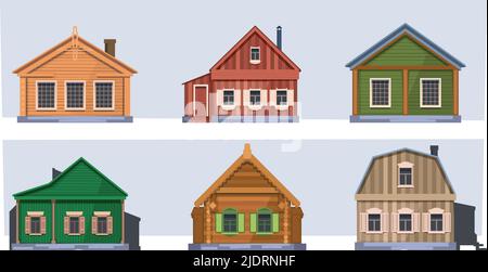 Edifici rurali russi. Row villaggio case russo villaggio garish vettore costruzioni in legno in stile piatto Illustrazione Vettoriale