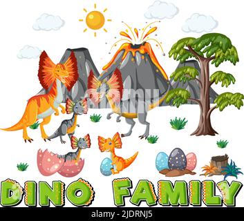 Famiglia di dinosauri con illustrazione di oggetti di foresta Illustrazione Vettoriale