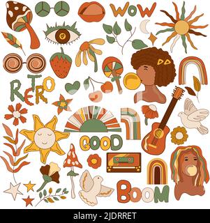 70s elemento grovy, ragazza colorata, sole, fiori, foglie, funghi, colombi, arcobaleni retrò e scritte. Stile hippy vintage. Illustrazione vettoriale. Illustrazione Vettoriale