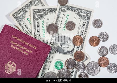 spese di viaggio - passaporto tedesco e dollari Foto Stock