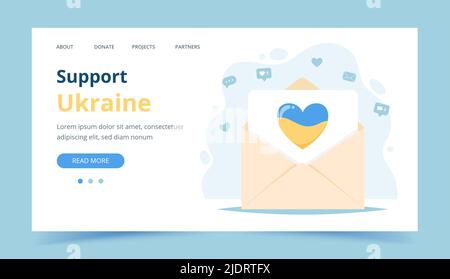 Sostenere l'Ucraina, busta con cuore, colori della bandiera Ucraina. Modello di landing page di donazione e volontariato, illustrazione vettoriale in cartoon piano Illustrazione Vettoriale