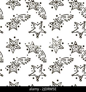 Moderno motivo geometrico a stelle su sfondo bianco. Vettore stile Doodle. Silhouette a stella con puntini polka. Motivo a stella vettoriale su sfondo bianco Illustrazione Vettoriale