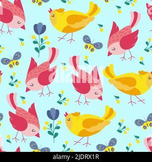 Uccelli colorati motivo senza cuciture. Uccelli esotici in diverse pose di stampa. Illustrazione vettoriale Illustrazione Vettoriale