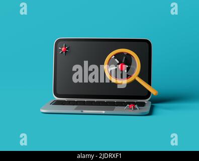 Semplici bug di ricerca in un'illustrazione di rendering di laptop 3D. Oggetto isolato in background Foto Stock