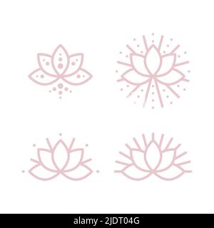 Icona fiore di loto impostata. Simboli a contorno rosa. Concetto di meditazione, natura, salute fisica e mentale. Illustrazione vettoriale, design piatto Illustrazione Vettoriale