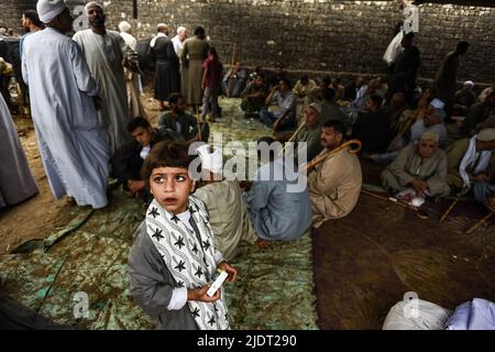 Giza, Egitto. 23rd giugno 2022. Un giovane ragazzo si trova in una tenda dove i commercianti di bestiame e i clienti riposano al-Manashi mercato del bestiame a Giza, dove la gente acquista bestiame sacrificale prima della festa musulmana di Eid al-Adha. EID al-Adha è la festa più sacra dell'Islam, durante la quale i musulmani macellano bovini e pecore per commemorare la volontà del profeta Ibrahim (Abrahamo) di sacrificare suo figlio Ishmael. Credit: Sayed Hassan/dpa/Alamy Live News Foto Stock