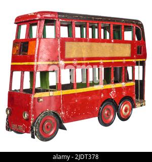 Il giocattolo degli autobus inglesi vintage rosso di Londra è isolato su uno sfondo bianco Foto Stock