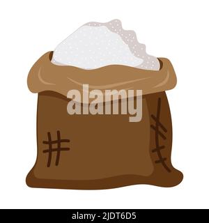Sacchetto di zucchero bianco vettore cibo icona isolato. Sack dolce farina ingredienti disegno. Cuoco pacchetto cucina e simbolo burlap dolcificante contenitore. Marrone ba Illustrazione Vettoriale