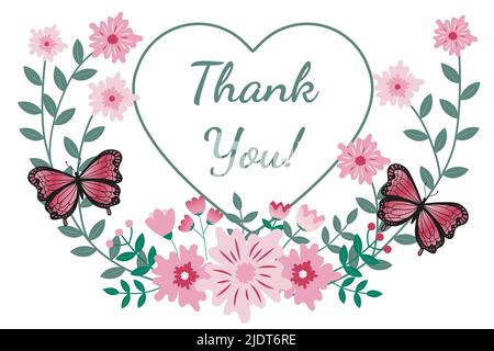 Grazie biglietto di auguri con ornamento floreale in rosso, rosa, verde con farfalla Illustrazione Vettoriale