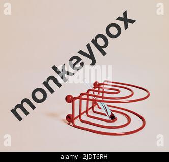 Monkeypox virus, provetta per analisi hMPXV in rack rosso caduto Foto Stock