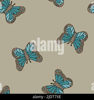 Pattern vettoriale senza cuciture con farfalle blu su sfondo beige. Semplice estate amore carta da parati design. Tessile decorativo vintage moda. Illustrazione Vettoriale