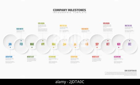 Modello di timeline dell'anno completo con tutti i mesi su una linea temporale orizzontale come grandi cerchi di rilievo con nomi di mesi e alcune descrizioni Illustrazione Vettoriale