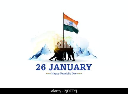 Soldato dell'esercito che detiene la bandiera tricolore. Concetto patriottico. India Independence Day e Republic Day libertà combattenti sfondo. Illustrazione Vettoriale