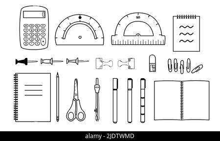 Set di forniture scolastiche per la lezione di geometria o matematica. Linea minimal accessori per ufficio art. Vettore disegnato a mano stazionari Illustrazione Vettoriale