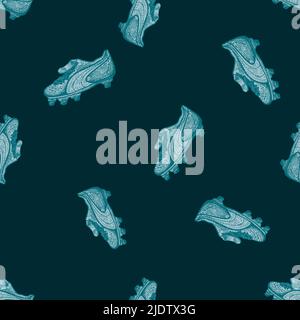 Scarpe da calcio con motivo senza cuciture. Sfondo vintage tema sportivo in stile disegnato a mano. Tessuto vettoriale a disegno ripetuto per stampa, tessuto, wrapp Illustrazione Vettoriale