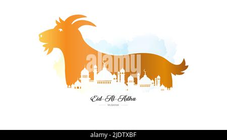 EID al Adha banner concept. Preghiere EID, moschea con animale capra, pecora e disegno di vacca. Festa islamica del sacrificio Eid ul-Adha o bakra eid. Illustrazione Vettoriale