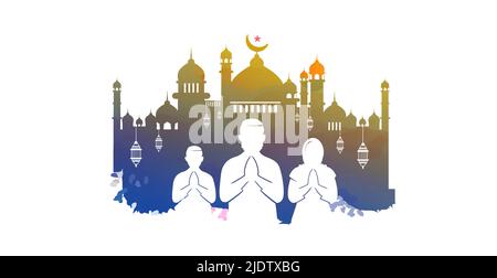 EID ul-Adha o bakra eid, festa islamica del concetto di banner sacrificio. Preghiere EID, moschea con capra animale, pecore e sfondo di vacca. Illustrazione Vettoriale