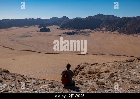 Uomo ammirando la bellezza del deserto di Wadi Rum, Giordania Foto Stock