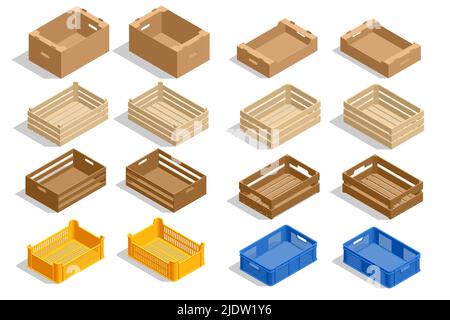 Scatole per spedizione isometriche isolate su sfondo bianco. Pallet, contenitori per il trasporto di frutta e verdura. Scatole e pacchi in legno da Illustrazione Vettoriale