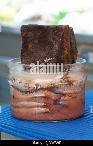 Italia, Liguria, Anchovie salate in vaso di vetro Foto Stock