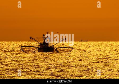 Peschereccio da traino inferiore, barca da pesca che naviga lungo la costa del Mare del Nord e si affaccia sul tramonto arancione di fronte a Nieuwpoort / Nieuport, Fiandre, Belgio Foto Stock