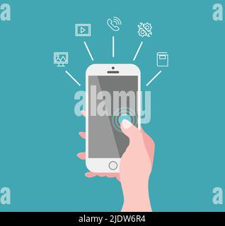 Telefono cellulare Illustrazione icone concetto dispositivo Flat Design smartphone modello di mano tecnologia Gadget Blue Display modello minimalista Illustrazione Vettoriale