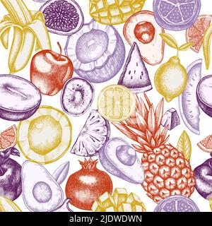 Fruits design di fondo senza cuciture. Stile inciso. Banane disegnate a mano, kiwi ecc. Illustrazione Vettoriale