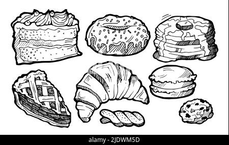 Set di pasticcini e panini. Disegno a mano del contorno. Isolato su sfondo bianco. Pane e panini dolci. Disegno monocromatico. Vettore Illustrazione Vettoriale