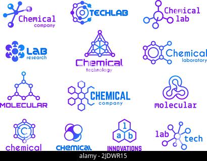Badge per chimica. Logo delle molecole esagonali, icone della struttura delle molecole per l'industria chimica. Tecnologia di innovazione aziendale, vettore di ordine biomolecolare Illustrazione Vettoriale