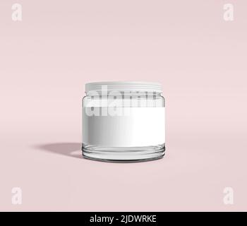 Vaso in vetro Mockup per il design dell'etichetta. 3d vasetto in vetro trasparente e plastica realistico. Colore viola Mock-up per il branding delle confezioni dei prodotti. Foto Stock
