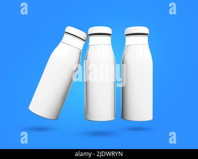 Bottiglia di vetro del latte Mockup realistico per il disegno e il marchio dell'etichetta. Mockup scatola di confezionamento del latte. 3D Illustrazione rappresentata Foto Stock