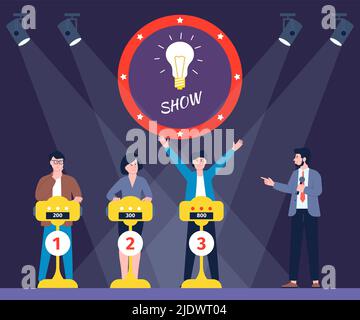 Quiz TV show. Trivia gioco, donna sfida e concorrenza. Intuire intelletto, la gente ha mostrato conoscenza e competitivo. Giocatori divertenti, vincitore recente Illustrazione Vettoriale