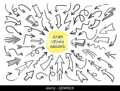Frecce linea di doodle disegnata a mano impostata. Puntatore di schizzo del simbolo di direzione del cursore della curva di forma differente Illustrazione Vettoriale
