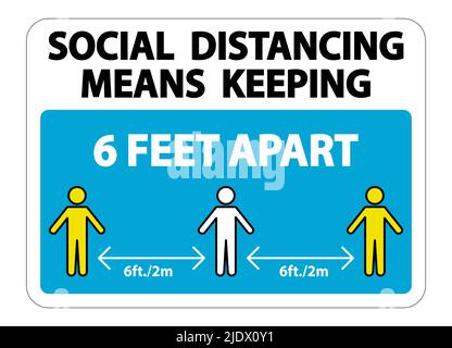 Social Distancing significa mantenere 6 piedi di distanza segno isolato su sfondo bianco, illustrazione vettoriale EPS.10 Illustrazione Vettoriale