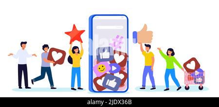 Come il concetto di tempo di referral marketing segnala il programma di fidelizzazione degli amici metodo di promozione persone che amano i post sui social media su smartphone e influencer ea Illustrazione Vettoriale