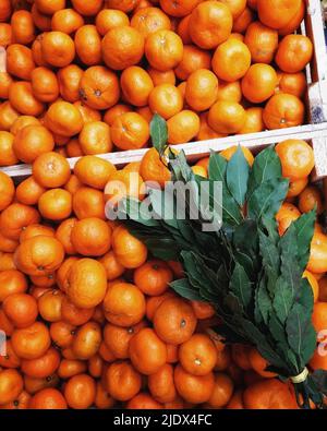 Un succoso mandarino e un bouquet di alloro sul bancone del negozio. Foto Stock