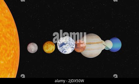 Pianeti del sistema solare nello spazio esterno. Mercurio, Venere, Terra, Marte, Giove, Saturno, Urano, Nettuno, Plutone. Concetto di sistema planetario. Elementi di questo Foto Stock