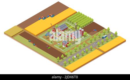 Edifici agricoli isometrici, fienile mulino e silo capannoni fieno giardino letti e trattore. Traino, spinta di macchinari agricoli, rimorchi Illustrazione Vettoriale