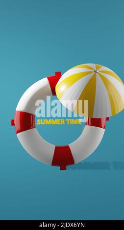 3d rendere un lifbuoy e un ombrello da spiaggia nell'acqua. 3d illustrazione Foto Stock