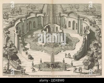 Vista di parte del gioco d'acqua a Karlsberg, Prospectus theatri et fonzio (...) (Titolo su oggetto), Delineatio montis a metropoli Hasso-Cassellana uno circiter milionari distantis (...) (Titolo della serie), disco del monte situato presso la citta metropolitana di Cassel (...) (Titolo della collana), Print fa parte di un album., print maker: Giovanni Girolamo Frezza, (menzionato sull'oggetto), dopo disegno di: Giovanni Francesco Guerniero, (menzionato sull'oggetto), stampante: Heinrich Harmes, print maker: Italia, dopo disegno di: Italia, stampante: Kassel, Italia, Germania, 1706, carta, incisione, altezza 355 mm x larghezza 48 Foto Stock