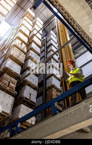 Sorridente lavoratore che indossa un elmetto utilizzando un tablet PC in piedi da ringhiera in magazzino Foto Stock