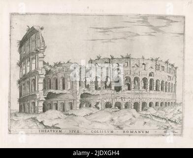 Colosseo, Theatrum sive Coliseum Romanum (titolo sull'oggetto), Speculum Romanae Magnificentiae (titolo della collana), Vista del Colosseo a Roma. In primo piano a destra due figure. Titolo in margine inferiore., tipografo: anonimo, editore: Antonio Lafreri, (menzionato sull'oggetto), tipografo: Italia, Editore: Roma, 1522 - 1577, carta, incisione, altezza 234 mm x larghezza 340 mm Foto Stock