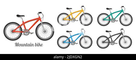 Mountain bike, Speed sport bicicletta icona set. Attività in bicicletta, noleggio, cicli di riparazione in città. MTB per una guida estrema. Trasporto in bicicletta. Vettore Illustrazione Vettoriale
