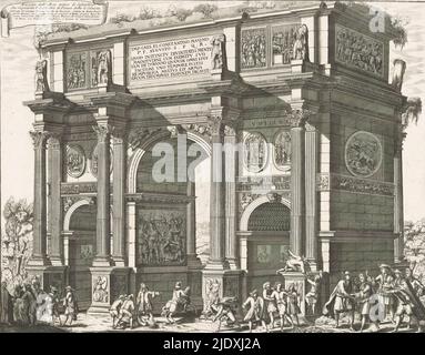 Arco di Costantino, Facciata dell'Arco antico di Costantino, che risguarda l'Anfiteatro di Flavio detto il Colosseo (titolo in oggetto), Vista dell'Arco di Costantino a Roma. Banda in alto a sinistra con testo., tipografia: Pietro Paolo Girelli, (citato in oggetto), Italia, 1692, carta, incisione, incisione, altezza 430 mm x larghezza 548 mm Foto Stock