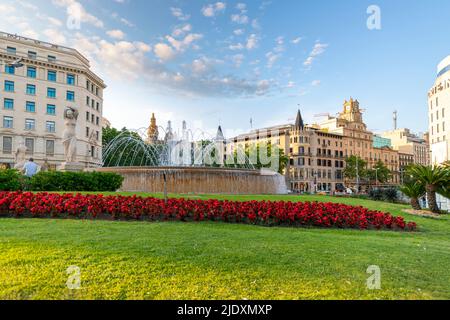 Fontana con fiori rossi in primo piano in Plaza de Catalunya a Barcellona , Spagna quando il sole comincia a tramontare in lontananza. Foto Stock