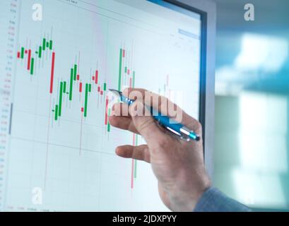 Trader analisi dei dati del mercato azionario su computer in ufficio Foto Stock