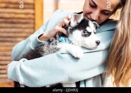 Giovane donna che accarezza il cucciolo di Husky Foto Stock